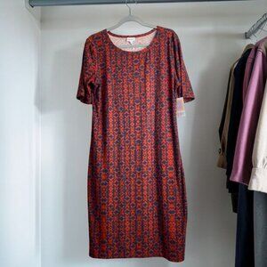 LuLaRoe Julia Dress XL NWT T-Shirt Midi Bodycon Stretch Geometric Orange Navy